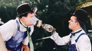 Laurel and Hardy water fight - Colorized in High Quality.