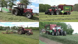 Gras harken, oprapen en inkuilen bij melkveebedrijf Bosch met Case IH trekkers (2022)