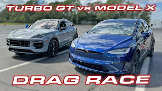 WE TRIED TO MAKE IT FAIR * Cayenne Turbo GT vs Tesla Model X Plaid 1/4 Mile Drag Race