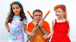 Nastya and friend help dad and collect surprises