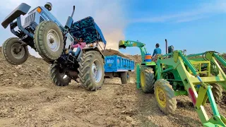 JCB machine on John Deere 4wd Tractor Loading mud in Pond Mahindra 275 Eicher 548 Powertrac Euro 55