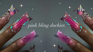 Pink Bling Duckies💕🍬✨| duck nail acrylic application + extravagant nail art!✨