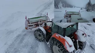 Schneeräumung auf Güterwegen in den Bergen | Springer SHL 3304-3, Steyr CVT Winterdienst cabview