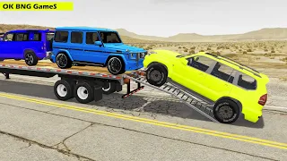 Flatbed Trailer Toyota LC Cars Transportation with Truck - Pothole vs Car #03 - BeamNG.Drive