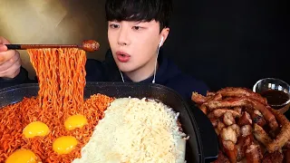 ENG SUB)Fire Chicken Noodles MUKBANG 🔥 With Chewy Tripe & Cheese! 💜VLOG INCLUDED💜