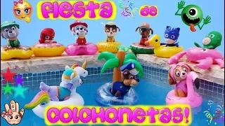 FIESTA de HINCHABLES en la PISCINA / Juguetes Paw Patrol y Pj MASKS