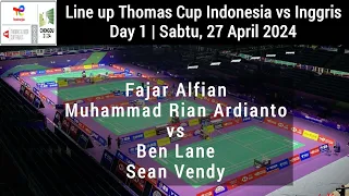 Line up Thomas Cup Indonesia vs Inggris | Fajar Alfian Muhammad/Rian Ardianto vs Ben Lane/sean Vendy