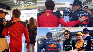 Max Verstappen pasting Redbull stickers on Charles Leclerc & Lando Norris in Driver's Parade | BTS