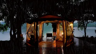 ☔️Solo RAIN Camping. Cozy tent. Calm Lake. Dense Trees. Rain ASMR