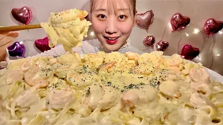 ASMR Паста с креветками в сливочном соусе【русские субтитры】【Mukbang/ Eating Sounds】