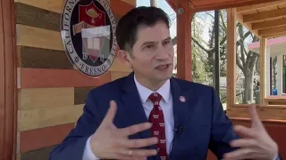 Fresno State President Jiménez-Sandoval debuts a new meet and greet booth on campus.