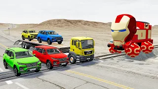 Flatbed Trailer Cars Transportation with Truck - Speedbumps vs Cars vs Train - BeamNG.Drive #1