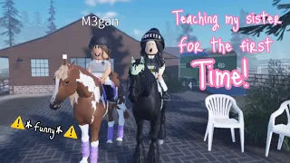 Teaching my sister how to ride a horse for the first time! /VOICED! *Gone Wrong*