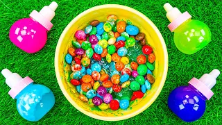 Oddly Satisfying Video l Glossy Ice Cream Slime Mixing with Rainbow Candy Skittles & Grid Balls ASMR