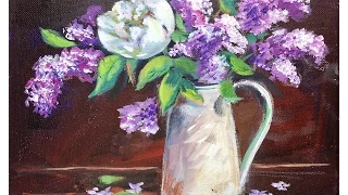 How to Paint Lilacs in Vase by Ginger Cook Beginners Acrylic Painting Tutorial