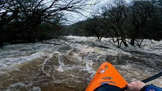 Kayaking down a huge flooded River Dart!