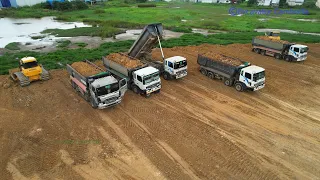 The Best HYUNDAI 24 Ton Dump Truck Dumping Dirt - SHANTUI Bulldozer Pushing Dirt To Slope So Fast