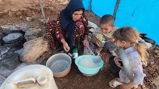 Documentary about making stuffed chicken by a nomadic woman with 3 small children in the mountains