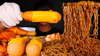 ASMR BLACK BEAN NOODLES + MOZZARELLA CORN DOG + DRUMSTICK + KIMCHI (Eating Sound) | MAR ASMR