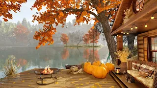 Autumn Cozy Lake House Porch in Rainy Morning with Bonfire, Relaxing Crickets and Fall Ambience