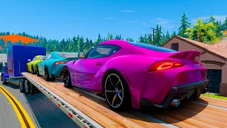 Flatbed Trailer new Toyota Supra Cars Transportation with Truck   Pothole vs Cars   BeamNG Drive #48