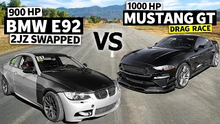 1000HP Twin Turbo Ford Mustang GT vs 900HP 2JZ Swapped BMW E92 // THIS vs THAT