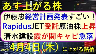 あす上がる株　2024年４月４日（木）に上がる銘柄　～最新の日本株での株式投資。初心者でも。伊藤忠商事、Rapidus、ジェイ・イー・ティ 、霞ヶ関キャピタル、清水建設、小林製薬の空売りと株価～