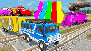 Long Cars vs Speed Bumps - Big & Small Long Monster Truck vs Thomas Trains - Car vs Rail and Train