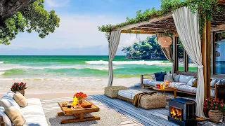 Beach Cafe Ambience with Happy Bossa Nova Jazz Music & Crashing Waves for Relax, Work, Study