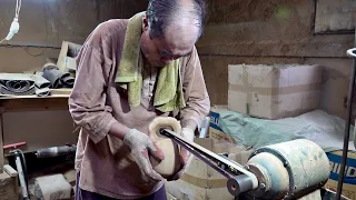 Making 'Moktak' for Buddhist Monks. Korean Woodworking Master with 50 Years of Experience