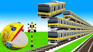 【踏切アニメ】あぶない電車 TRAIN Vs MS PACMAN Vs Nick and Tani 🚦Fumikiri 3D Railroad Crossing Animation #101