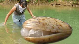 😲👉A thrilling treasure hunt! The girl discovered that the giant clam contained countless rare pearls