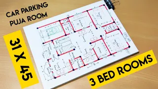 31 x 45 house plan with car parking II 3 room ghar ka naksha II 31 x 45 home design