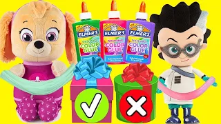 Mystery Box Slime Challenge with Paw Patrol Skye and PJ Masks Romeo