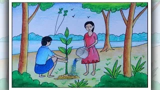 How to draw scenery of tree plantation |  Easy memory drawing | Tree plantation drawing