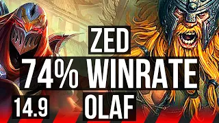 ZED vs OLAF (TOP) | 74% winrate, 7 solo kills, 9/1/1, Rank 9 Zed, Legendary | BR Grandmaster | 14.9