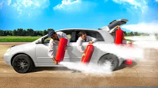 RIDING A CAR USING ONLY FIRE EXTINGUISHERS!