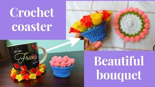 🧶😍FLOWER BASKET Home Decor Ideas / Beautiful Crochet Coaster into mini Bouquet