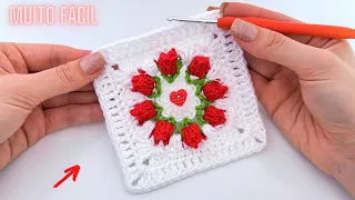 CROCHET SQUARE WITH FLOWER BEAUTIFUL AND EASY TO MAKE