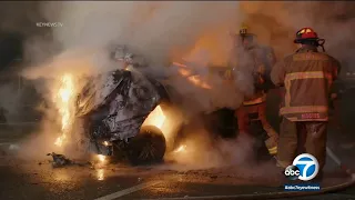 4 killed in fiery solo crash on 110 Freeway in South LA