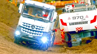 BIG RC TRUCK AND CONSTRUCTION SITE ACTION - MB ACTROS TIPPER TRUCK - LIEBHERR 970 SME - VOLVO