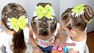 Penteado Infantil com trança falsa, amarração ou coque rosquinha / Bun hairstyle for little girls