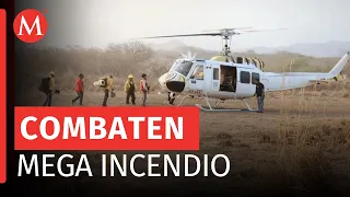 Despliegan helicóptero militar para combatir incendio forestal en la Selva de Chimalapas, Oaxaca