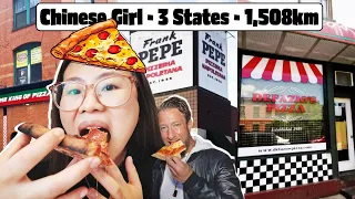 CHINESE girl tries ONE BITE Pizza | 3 states | PEPE - DEFAZIO'S - HALFTIME