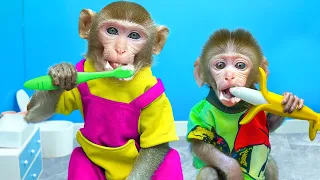 KiKi Monkey helps mom teach naughty baby how to brush teeth | KUDO ANIMAL KIKI