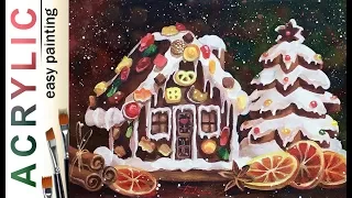 Ginger house and Christmas tree. How to paint 🎨ACRYLIC tutorial DEMO