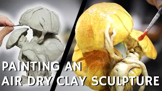 Painting an AIR DRY clay sculpture with ACRYLIC paint: Airbrush and Hand-Painting Techniques