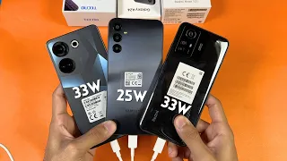 Tecno Camon 20 Pro vs Samsung Galaxy A24 vs Redmi Note 12S -  Battery Charging Speed Test!