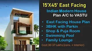 15X 45 EAST FACING MODERN HOUSE PLAN WITH SHOP, 3BHK,PARKING & SWIMMING POOL RESIDENTIAL FLOOR PLAN