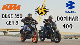 ktm duke 390 gen-3 vs bajaj dominar 400 bs6 long race | who will win  this drag race....